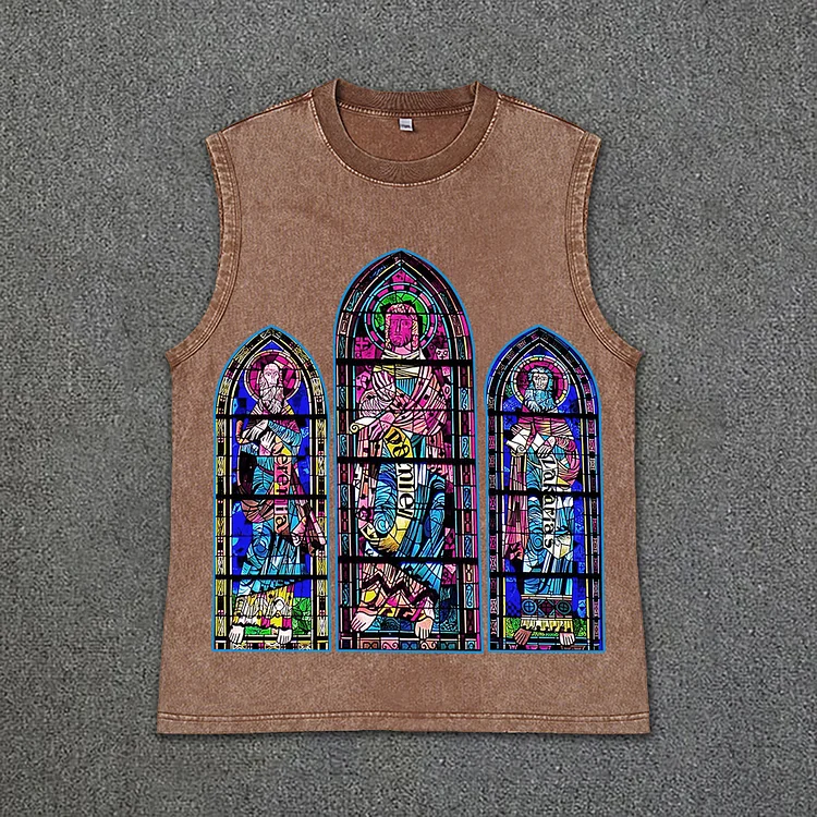 Men's Acid Washed Vintage Original Night Glow Textured Stained Glass Print Tank Top