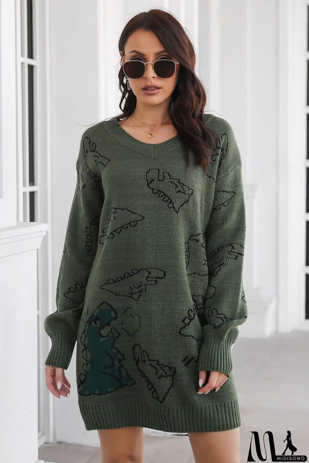 MidiSono - Dinosaur Pattern V-Neck Sweater Dress