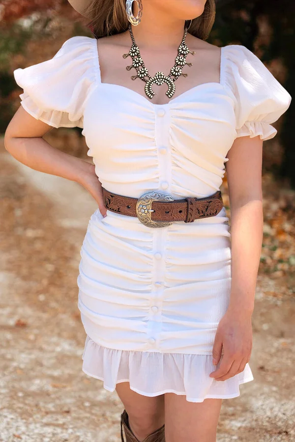 Elegant Puff Sleeve Button Dress
