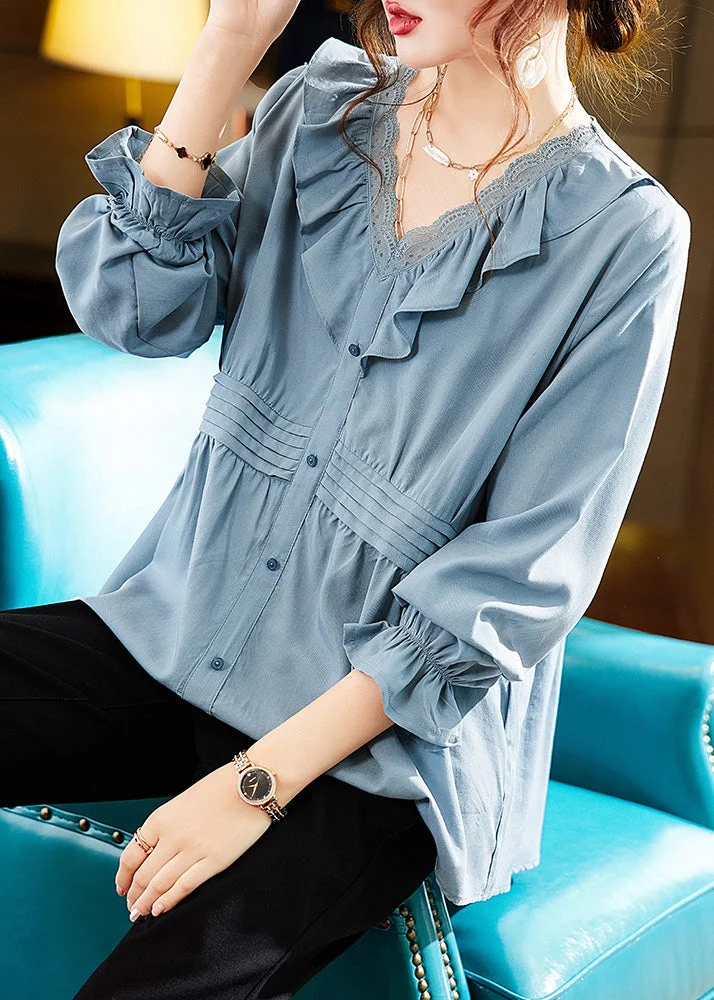Loose Blue V Neck Button Solid Tops Long Sleeve