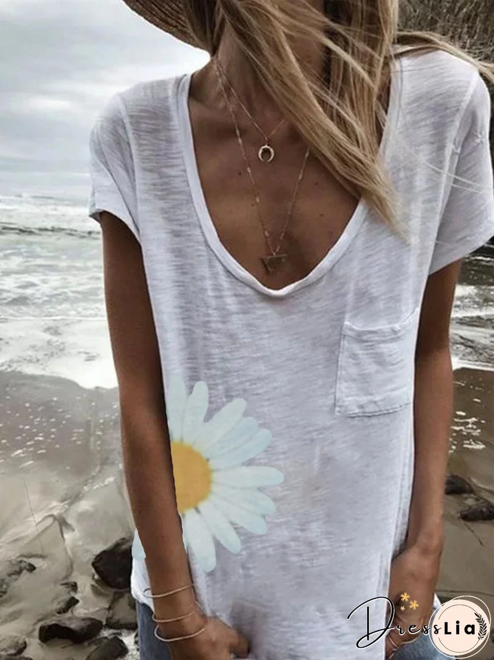 White Short Sleeve Floral Cotton-Blend Tops