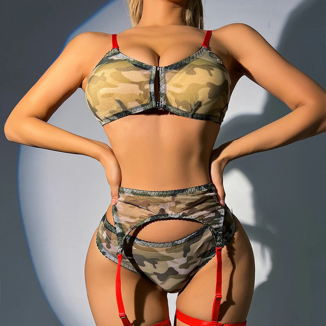 Churchf Sex Lingerie Sexy Women's Camouflage Lingerie Three Sets Hollow Sex Fun Set
