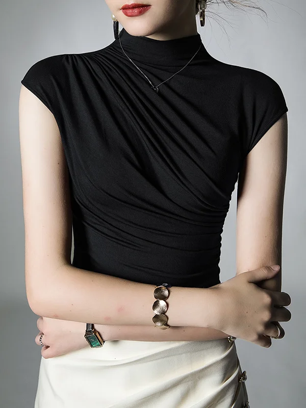 Solid Color Pleated Skinny Mock Neck T-Shirts Tops