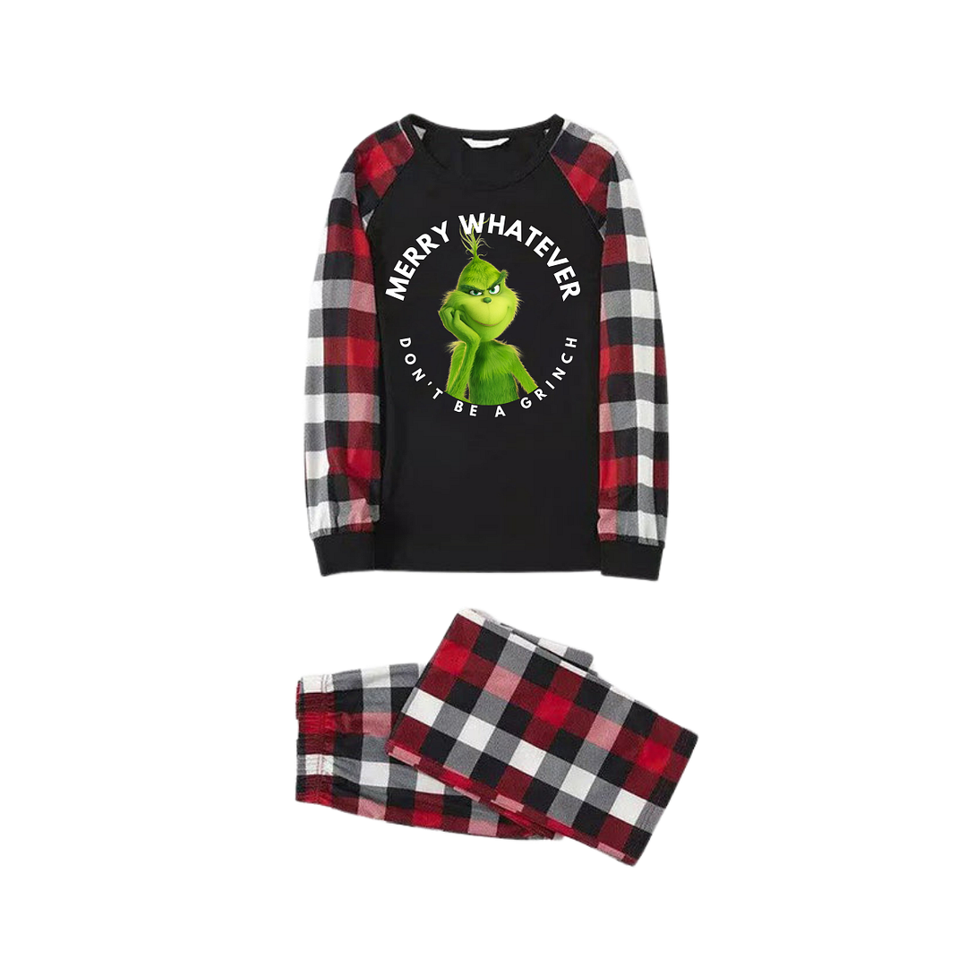 Cartoon Pattern and Christmas Slogan Printed Contrast Black Top Red&Black&White Plaid Pants Family Matching Pajamas