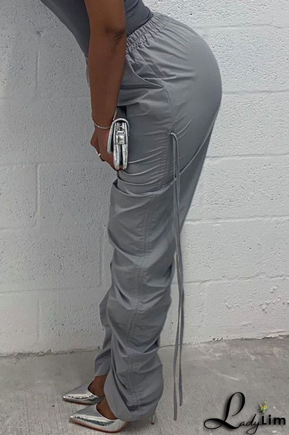 Green Casual Solid Patchwork Draw String Fold High Waist Pencil Solid Color Bottoms