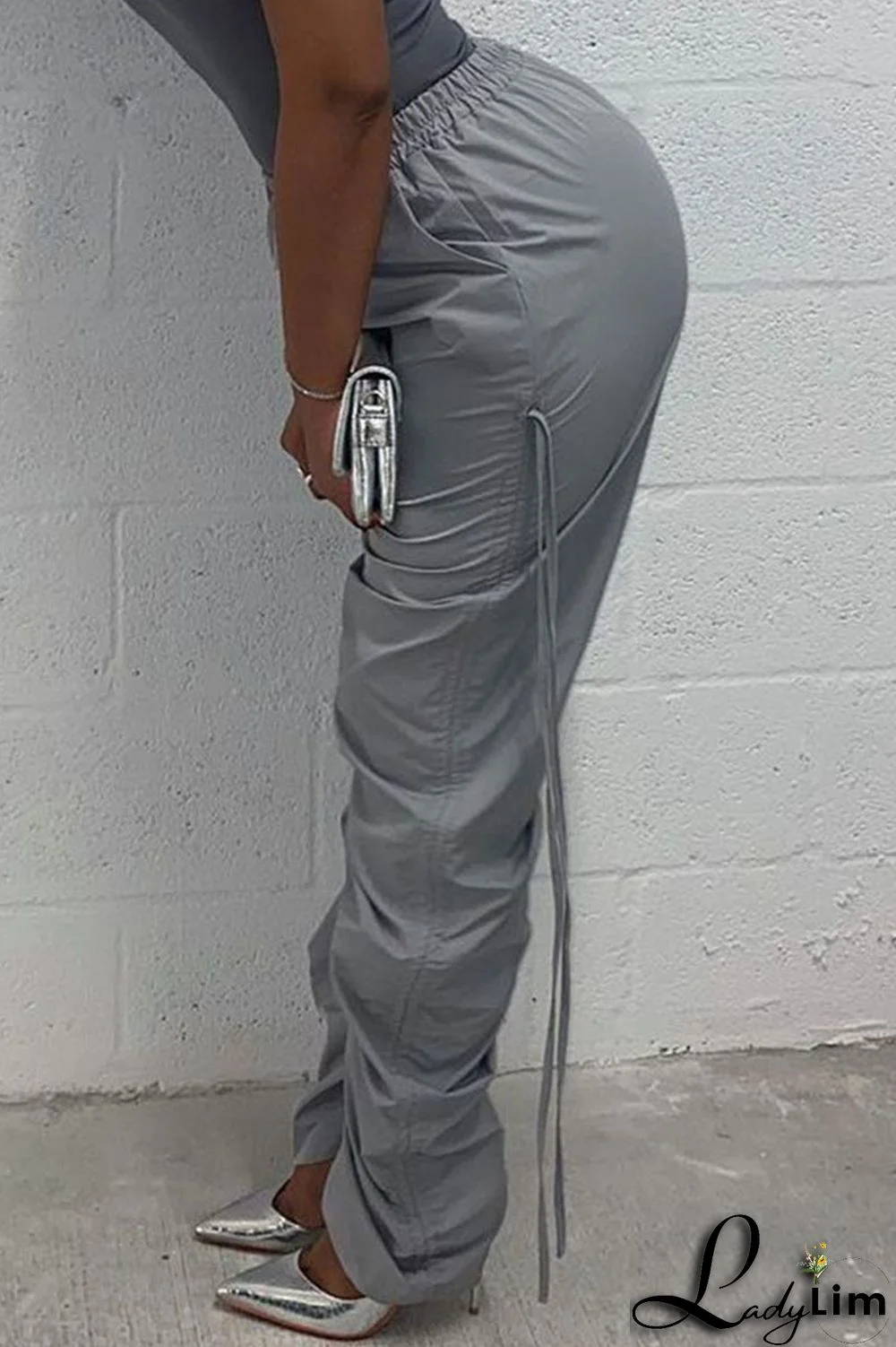 Green Casual Solid Patchwork Draw String Fold High Waist Pencil Solid Color Bottoms