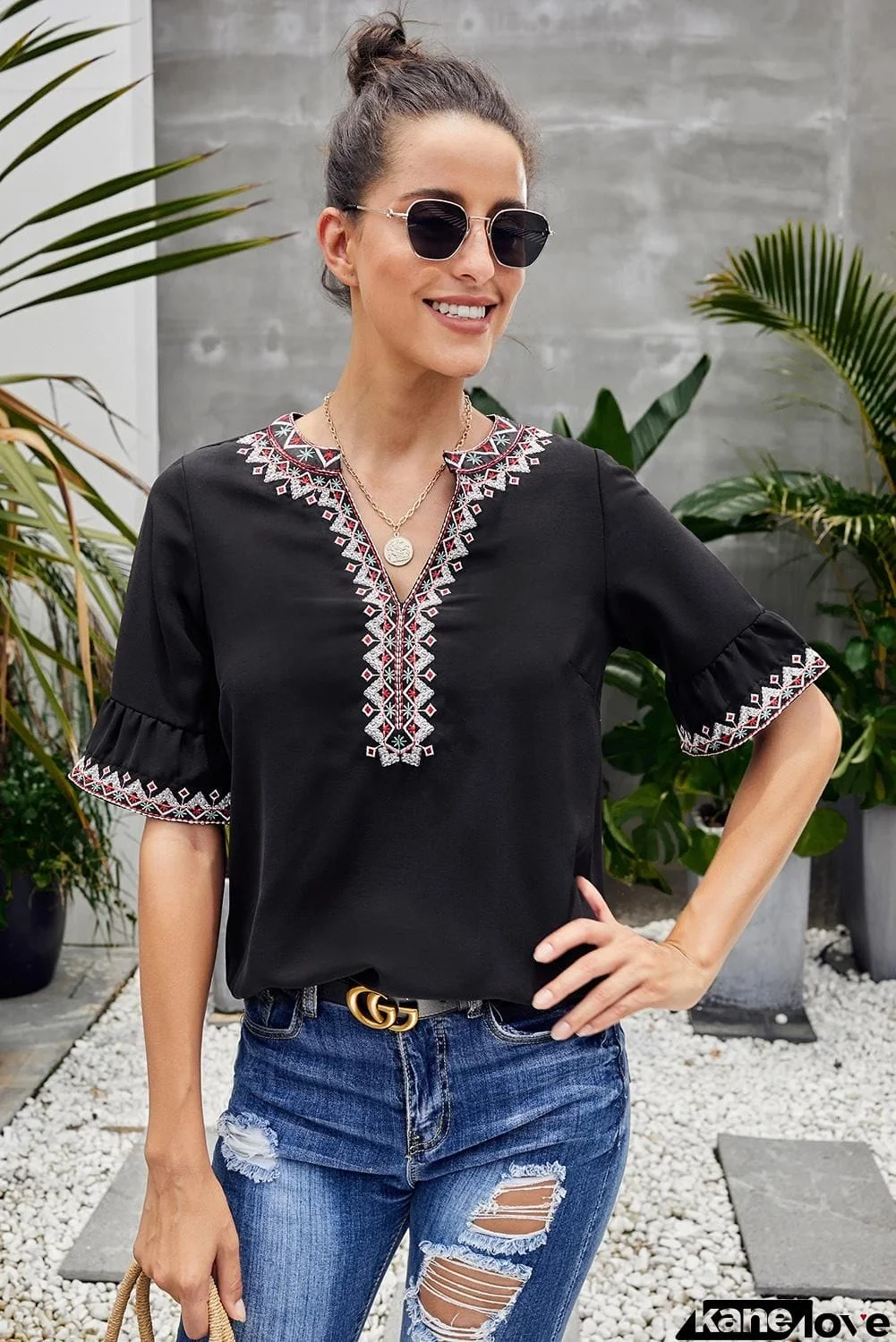 Boho Floral V Neck Casual Top