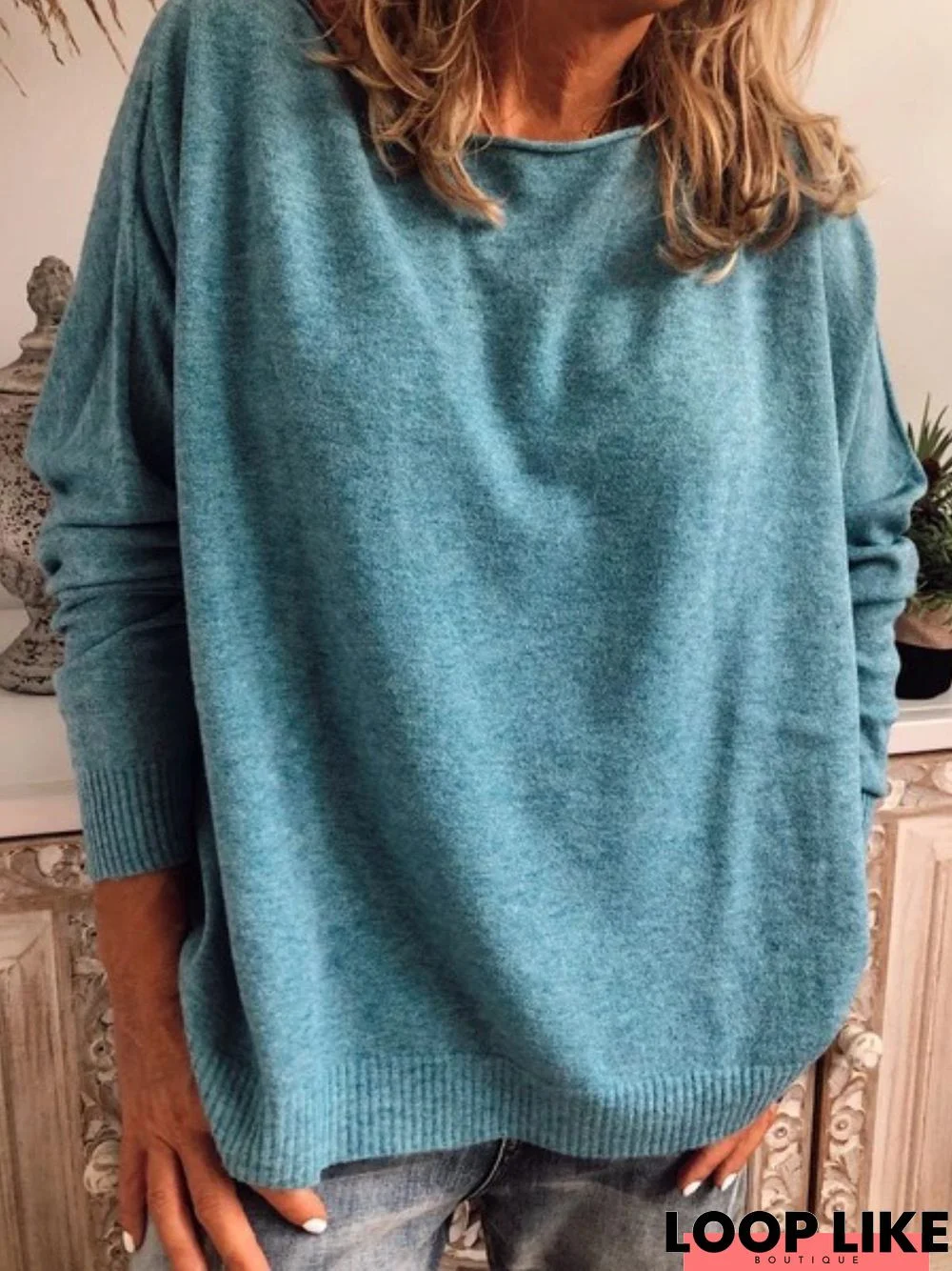 Blue Long Sleeve Cotton Plus Size Sweater