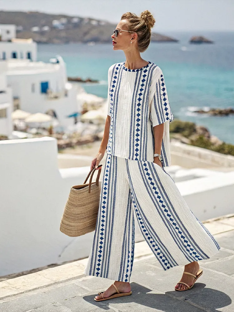 Cotton and linen women's striped suit
