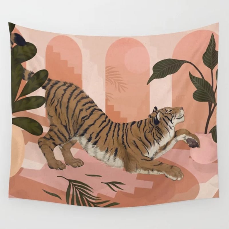 Pink Tiger Tapestry Ainmal Plant Cartoon Dorm Room INS Painted Tapestry Wall Hanging Boho Decor Wall Cloth Tapestry Jungle Tiger