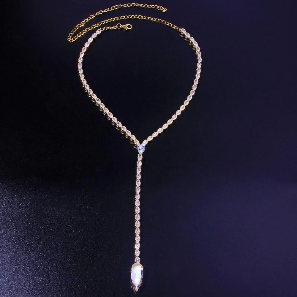 Cubic Zirconia Water Drop Long Chain Women Necklace