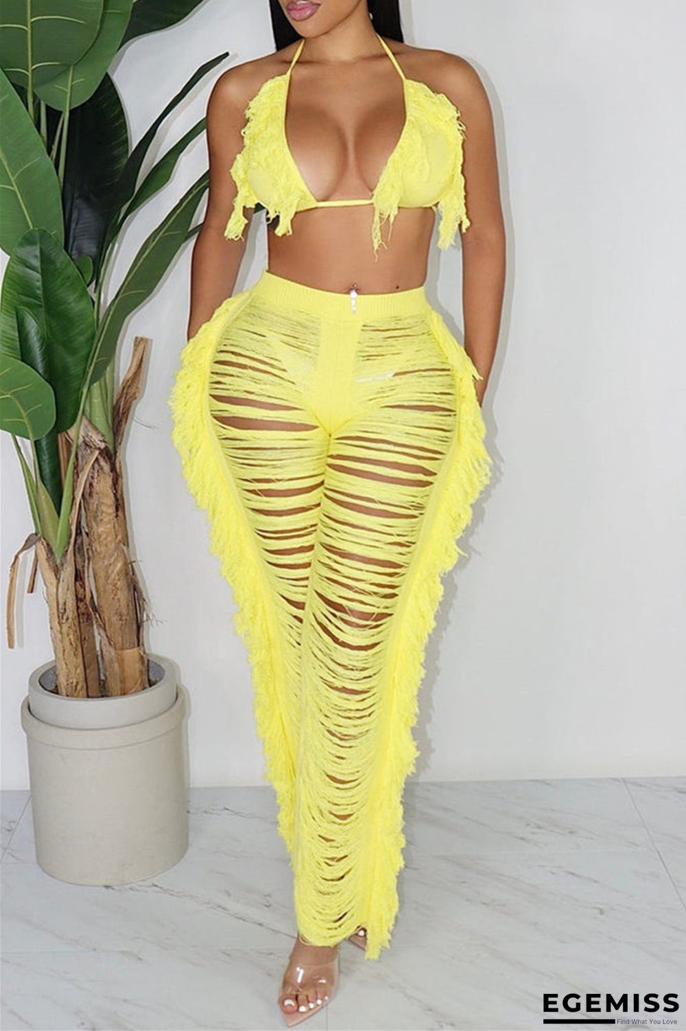 Yellow Fashion Sexy Solid Bandage Patchwork Backless Halter Sleeveless Two Pieces | EGEMISS