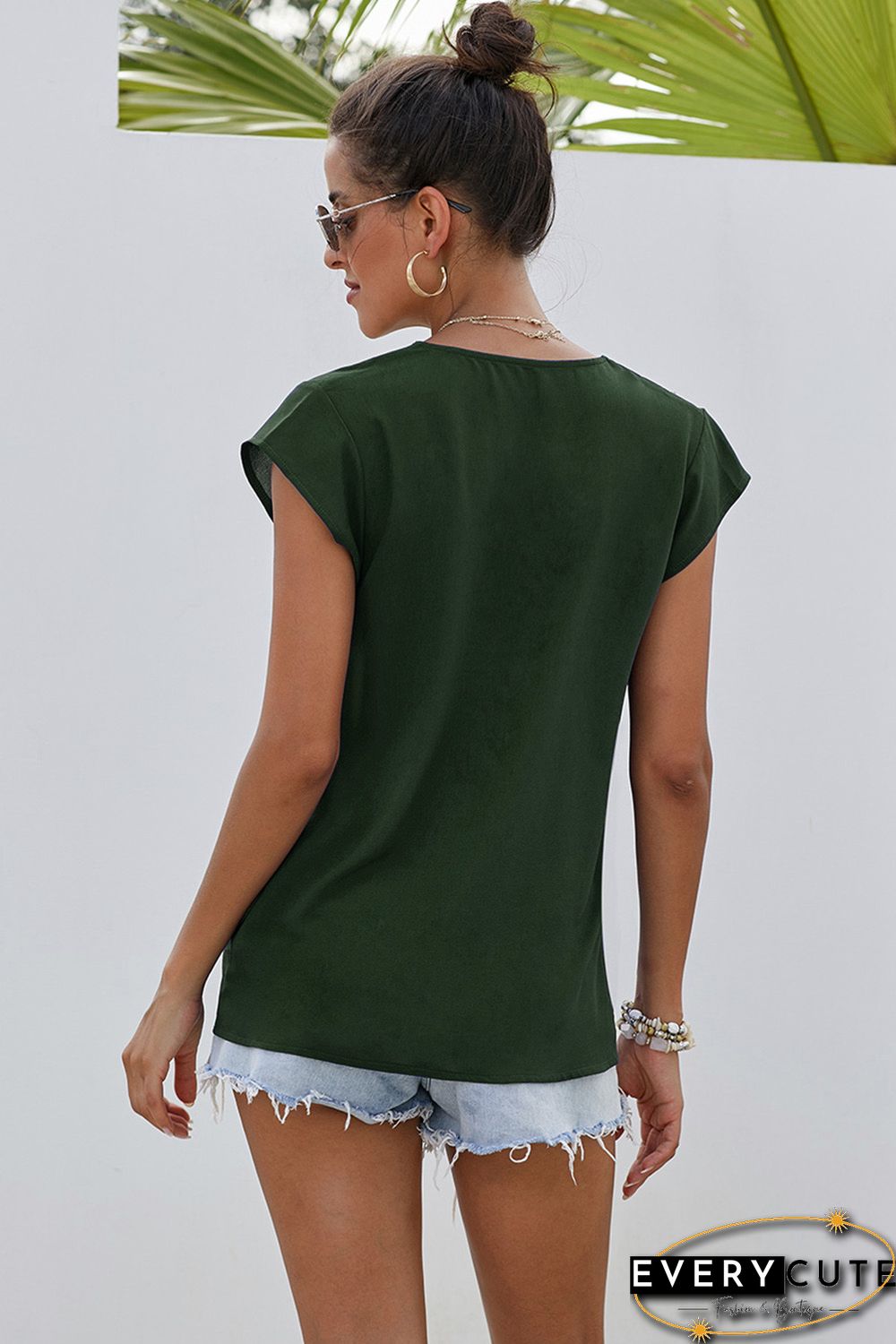 Green Short Sleeve Printed Neck Shift Blouse