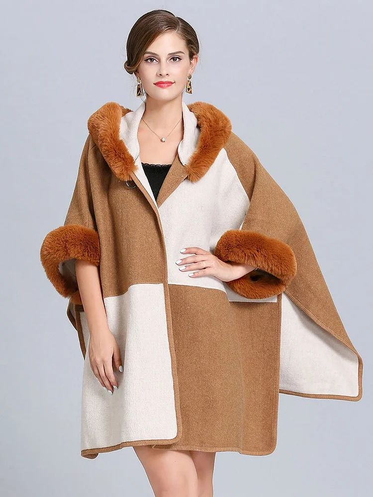 Women's Poncho Cape Faux Fur Hooded Plaid Cape Coat