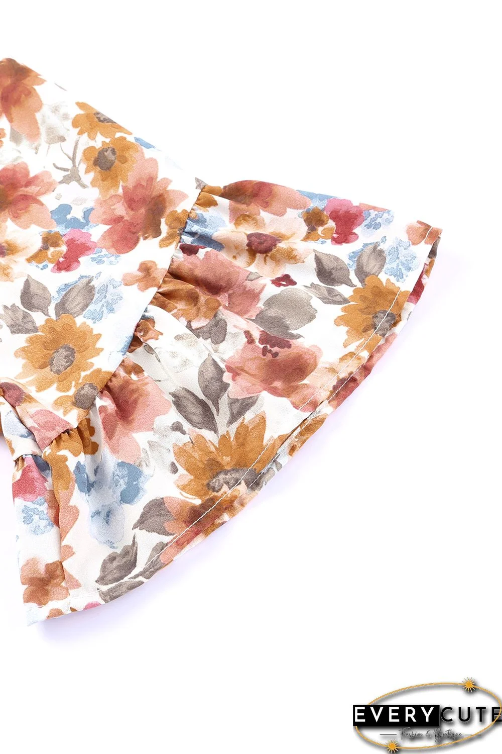 Orange Floral Print Flare Cuff Long Sleeve Blouse