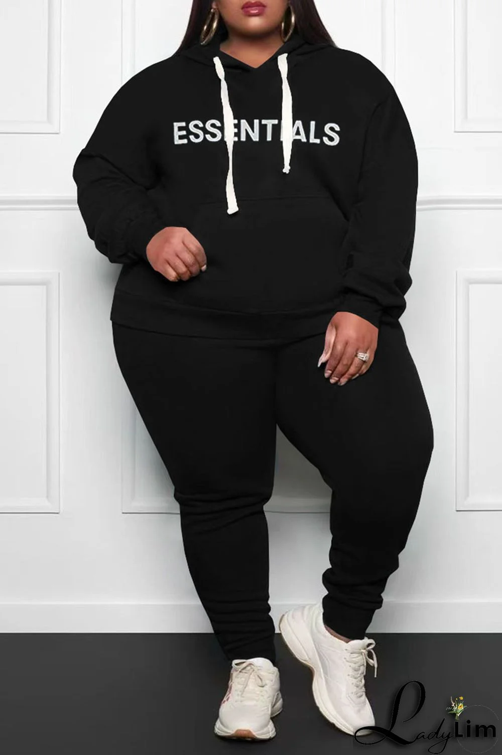 Grey Casual Print Split Joint Hooded Collar Plus Size Two Pieces