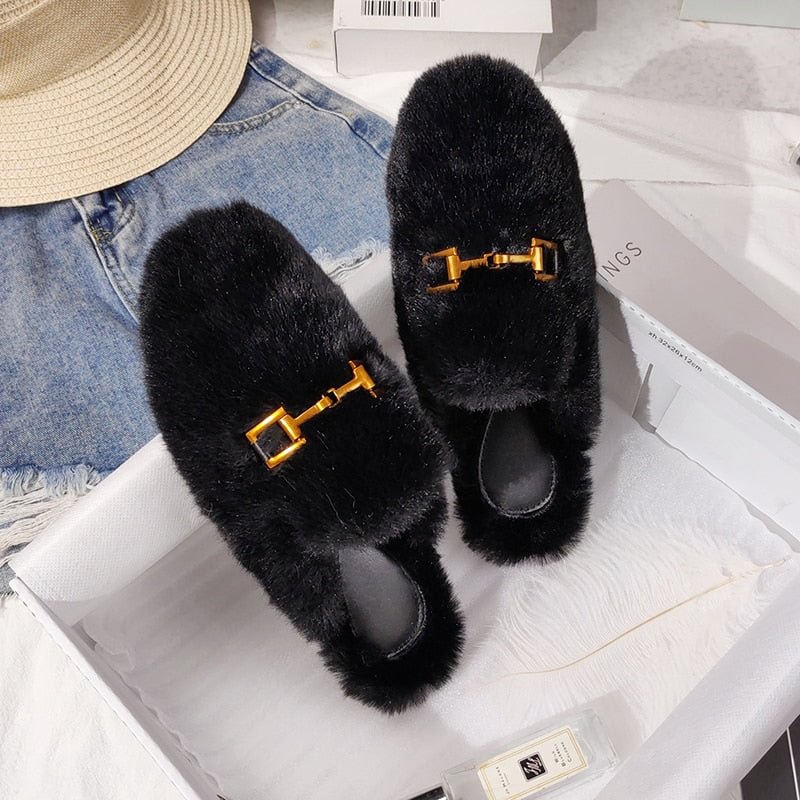 Winter Women House Slippers Faux Fur Fashion Warm Shoes Woman Slip on Flats Female Slides Black Pink cozy home furry slippers
