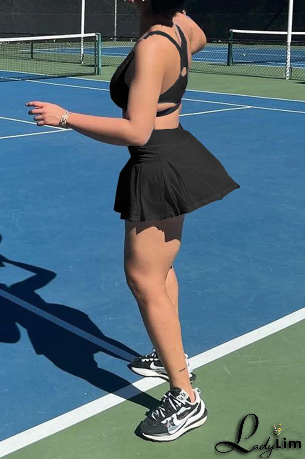 Black Sportswear Solid Split Joint U Neck Sleeveless Two Pieces