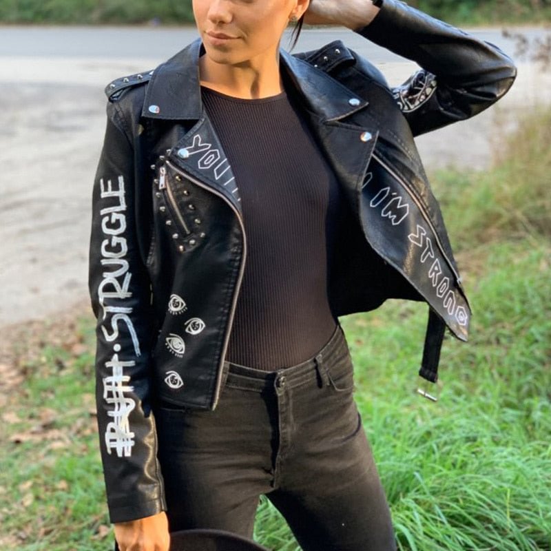 Ailegogo 2021 New Autumn Women Faux Soft Leather Jackets Coats Lady Black PU Rivet Zipper Epaulet 3D print Motorcycle Streetwear