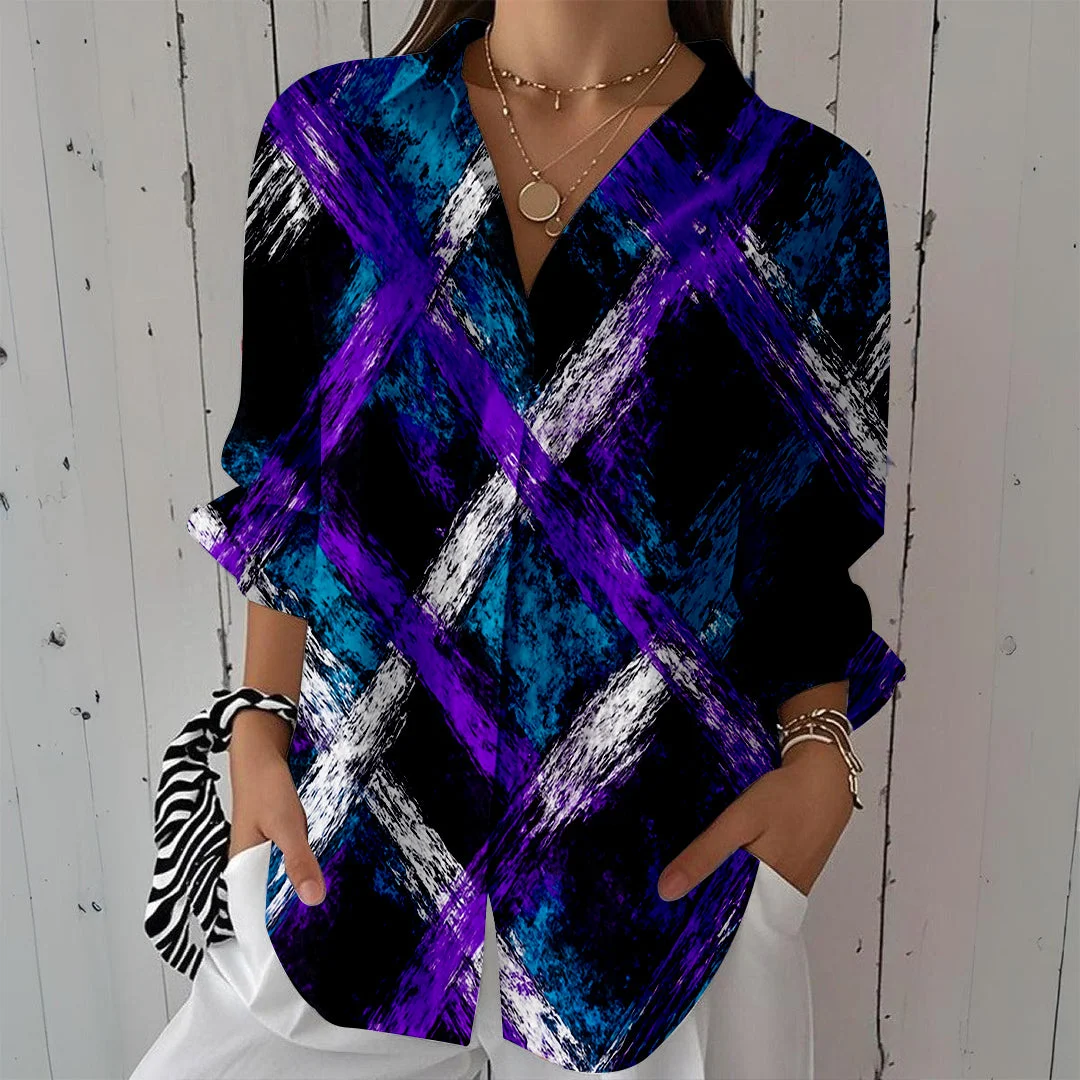 Style & Comfort for Mature Women Women Purple, Tie-dyed,Hot DZCL0059 3/4 Sleeve Shirt Collar Printed Button Tops