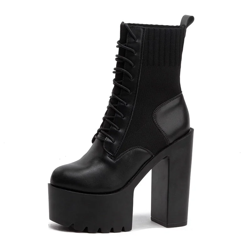 Vstacam New Fetish Platform Boots Woman Sexy Chunky Heel Front Lace Up Sock Boots Women Ankle Boots Thick Heel Shoe Black Design