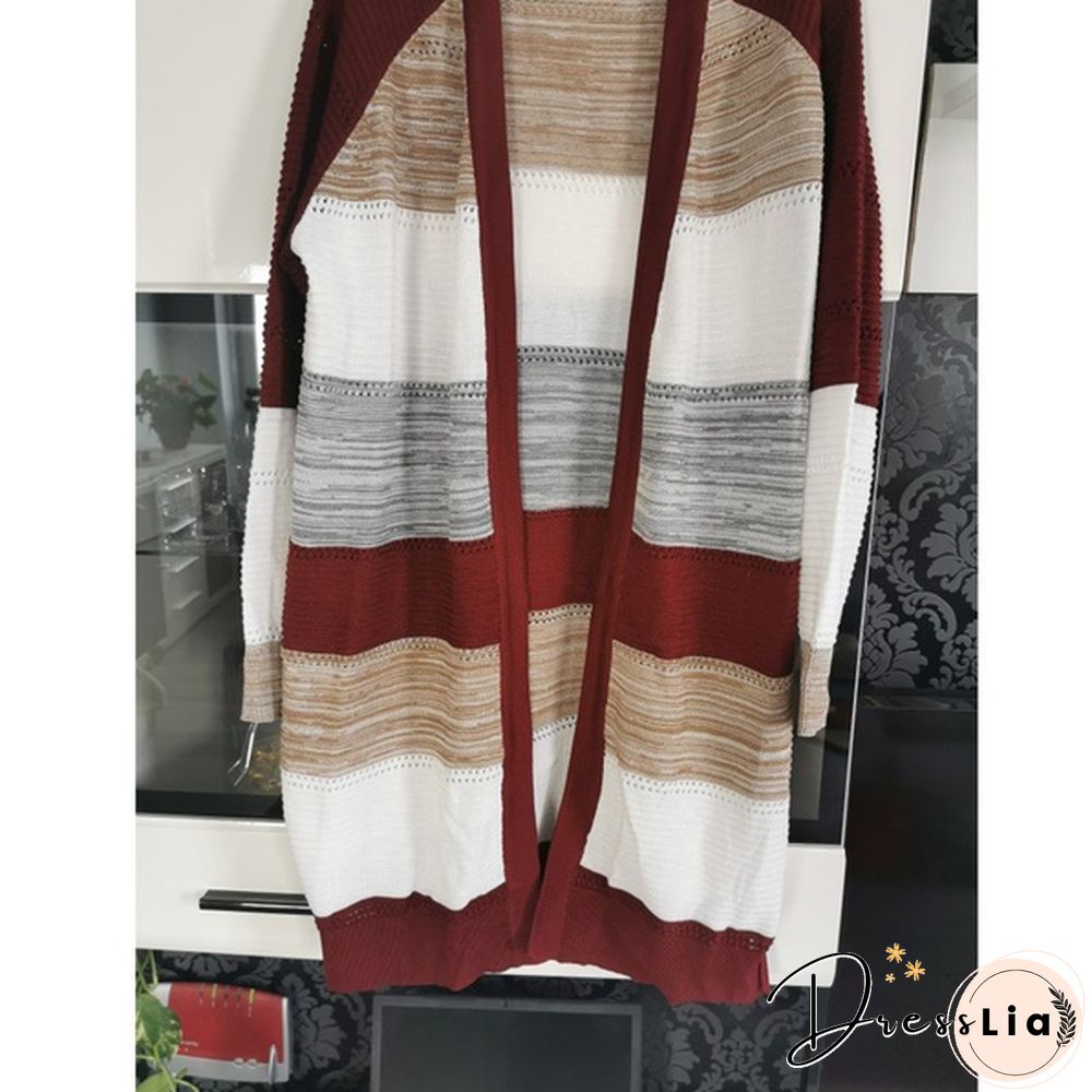 New Fashion Women Cardigan Comfy Stylish Stitching Long Sleeve Striped Patchwork Sweater Female Casual Long Cardigan Autumn Winter Tops