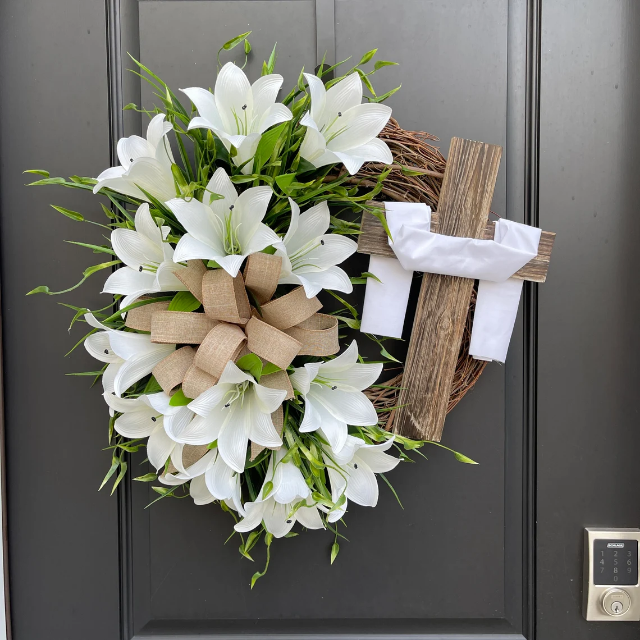 Easter Wreath with Cross for Front Door|Religious Easter Spring lily Wreath