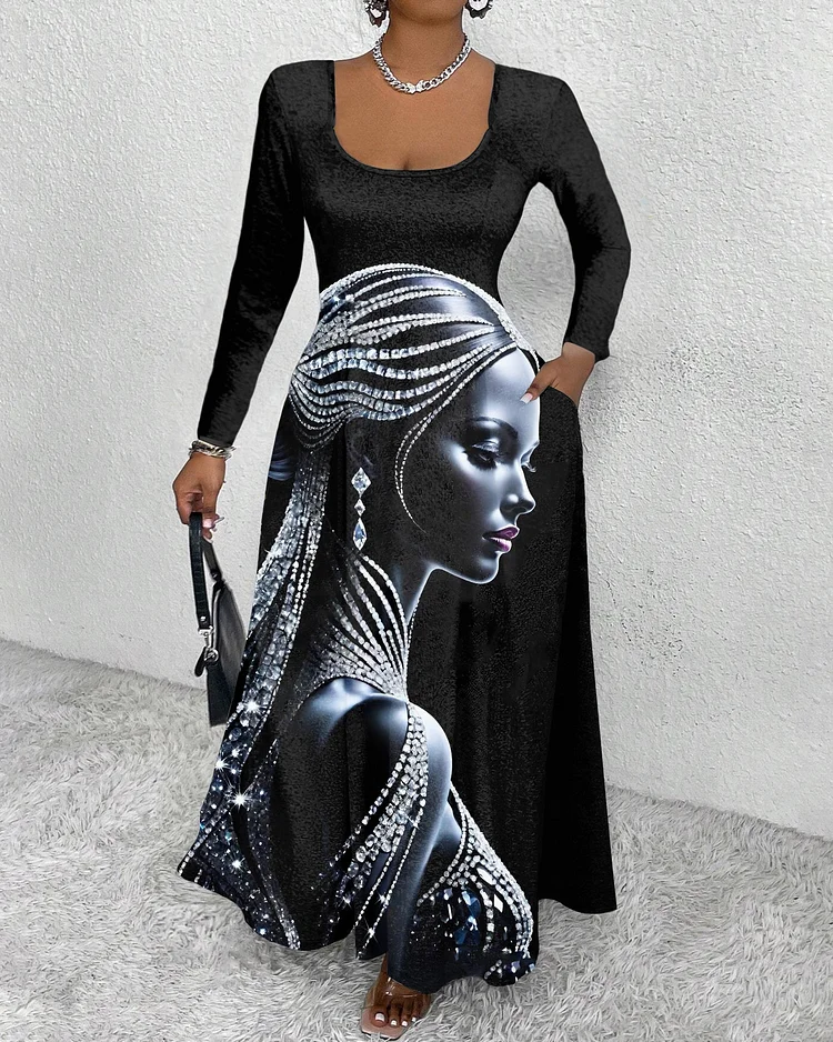 Diamond Girl Print Round Neck Long Sleeve Maxi Dress