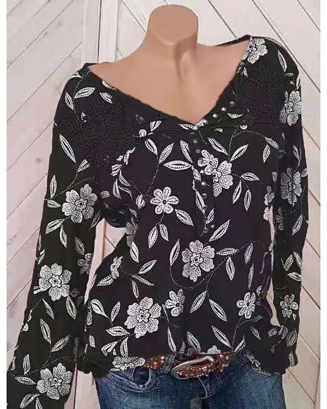 Women's Blouse Shirt Floral Flower Long Sleeve Print Round Neck Tops Basic Top Black Blue Red-809