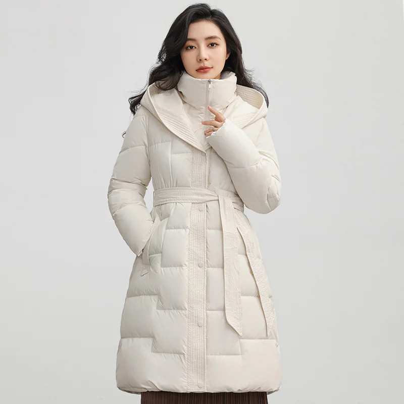 Woherb Over The Knee Cotton Clothes In The Long Winter New Fashion Waist Belt Show Thin Warm Coat Temperament Solid Color Cold Clothing-Outfit Ideas