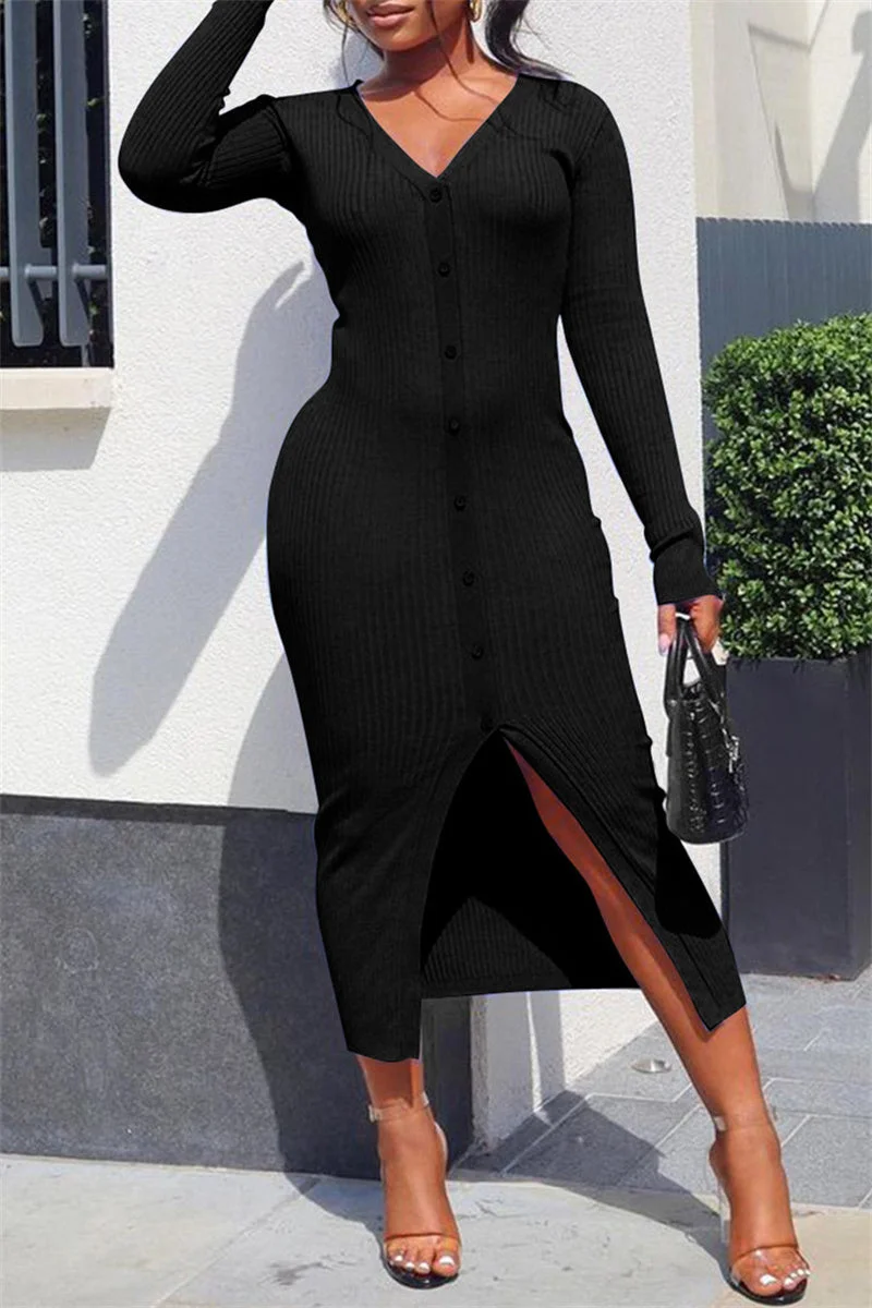 Sexy Casual Solid Slit V Neck Long Sleeve Dresses
