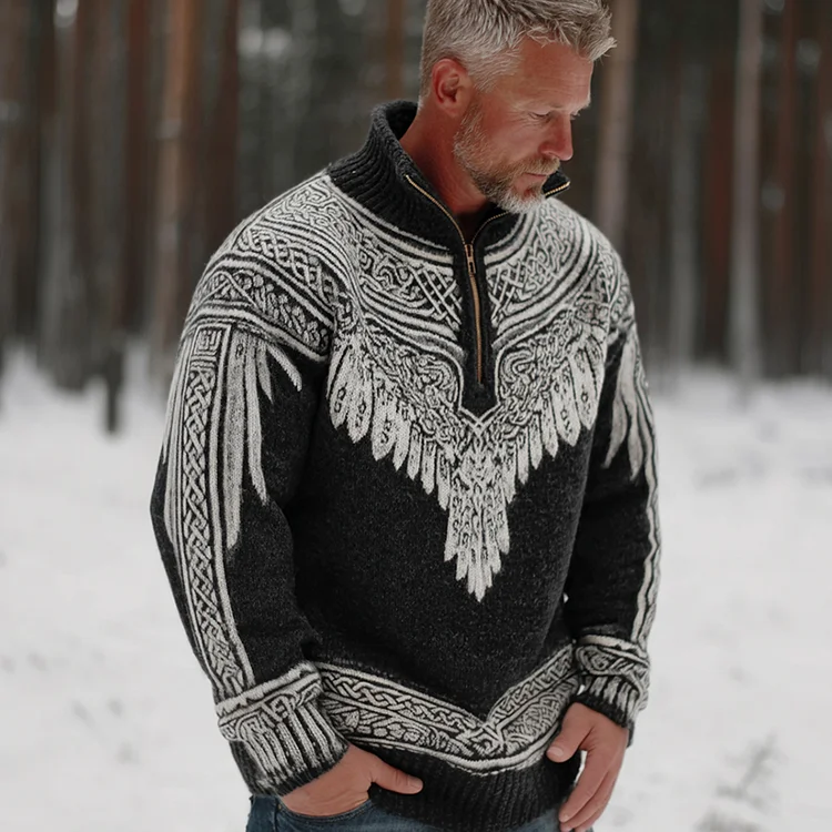 Men's Viking Celtic With Wings Art Cozy Knit Half Zipped Sweater