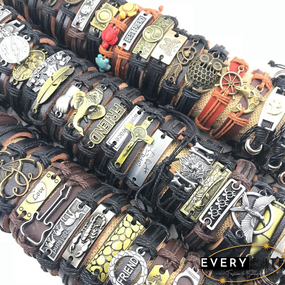 Wholesale 50pcs/Lot Leather Metal Charm Bracelets For Men Vintage Cuff Bracelets For Women Gifts Jewelry Mix Style