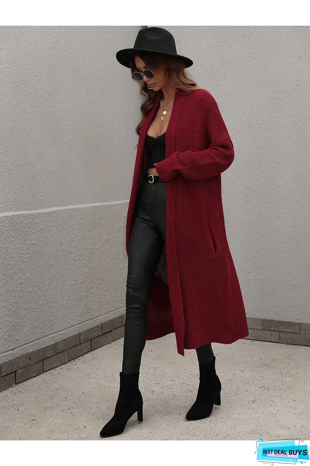 Waffle Knit Open Front Duster Cardigan With Pockets
