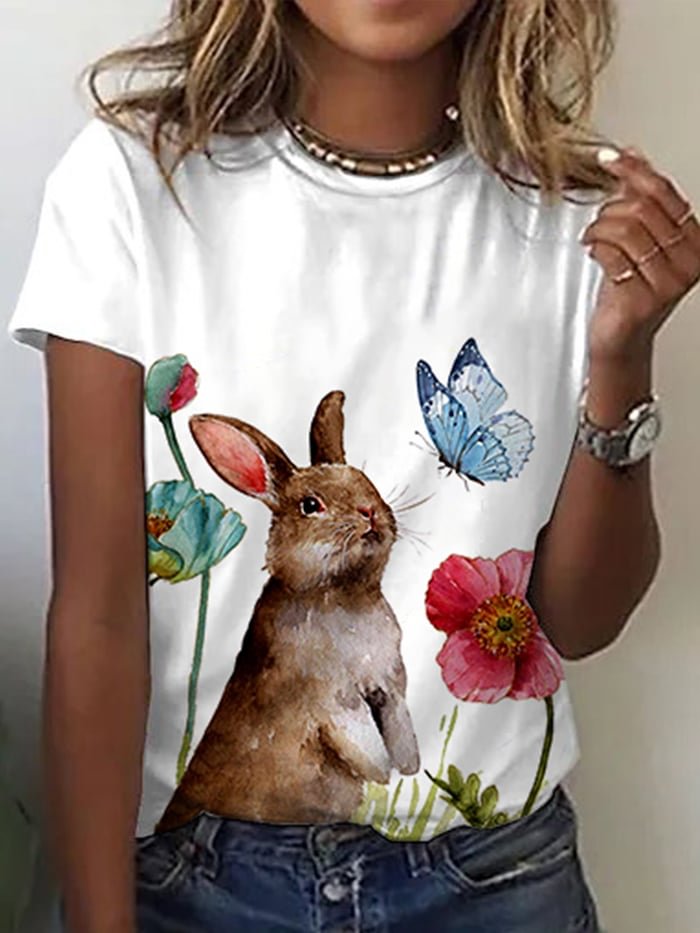 Women's Spring Bunny Print Casual Tee