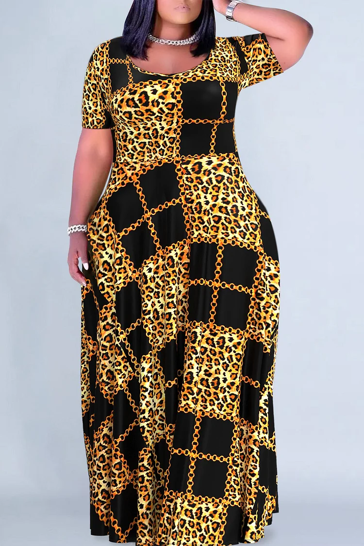 Plus Size Casual Purple Leopard Print Round Neck Short Sleeve Maxi Dress