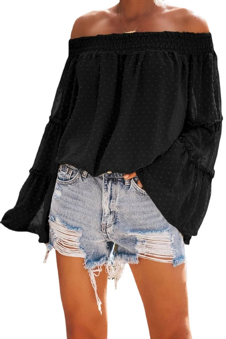 Uveng Long Dot Sleeve Chiffon Off-shoulder Off-the-neck Hollow-out Loose Top