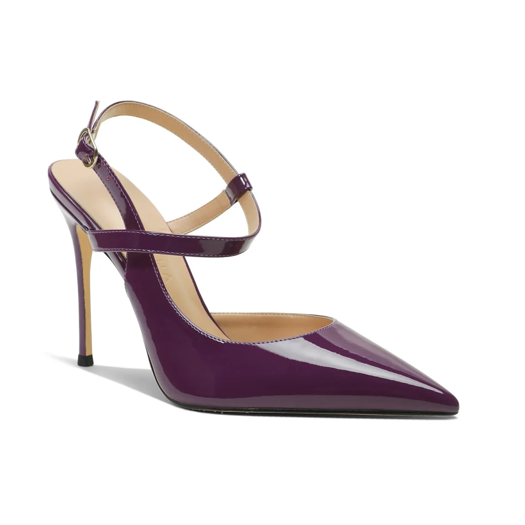 100mm Women Slingback Pumps Ankle Strap Jenlove Stiletto Mid Heel Close Pointed Toe Dress Shoes-MERUMOTE