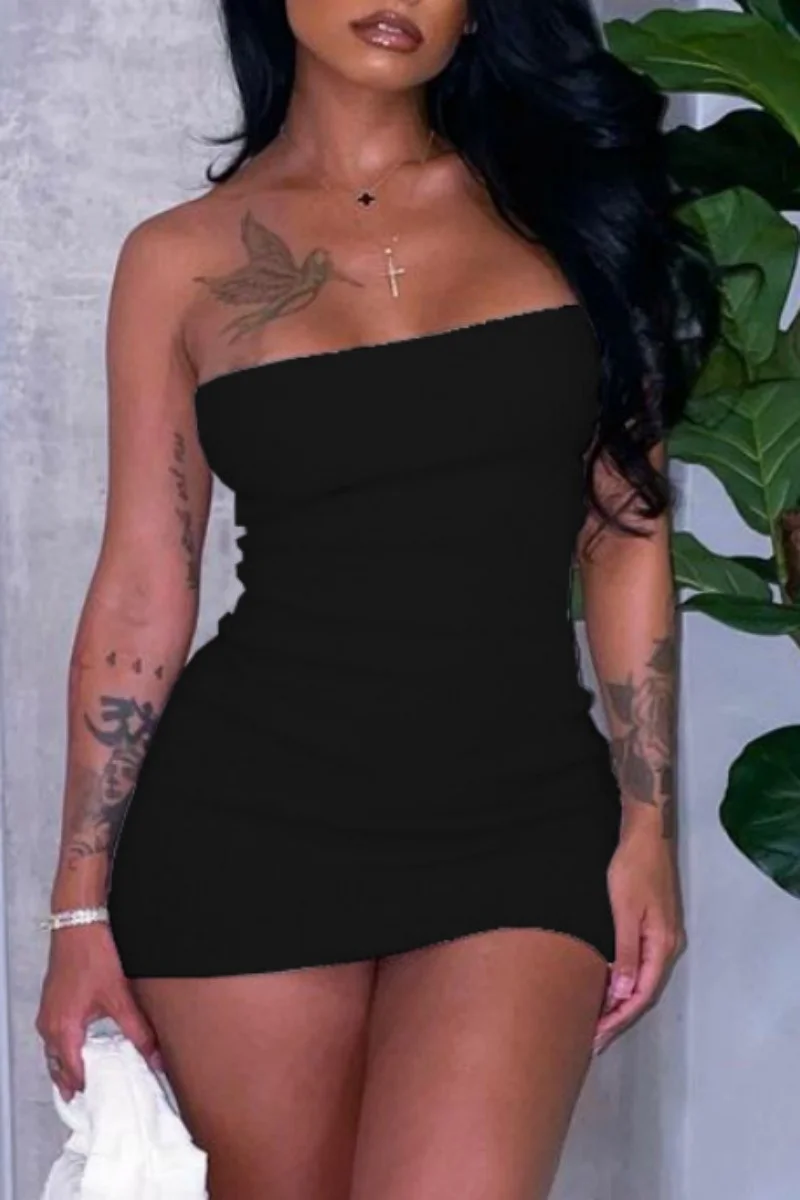 Black Sexy Solid Backless Strapless Wrapped Skirt Dresses