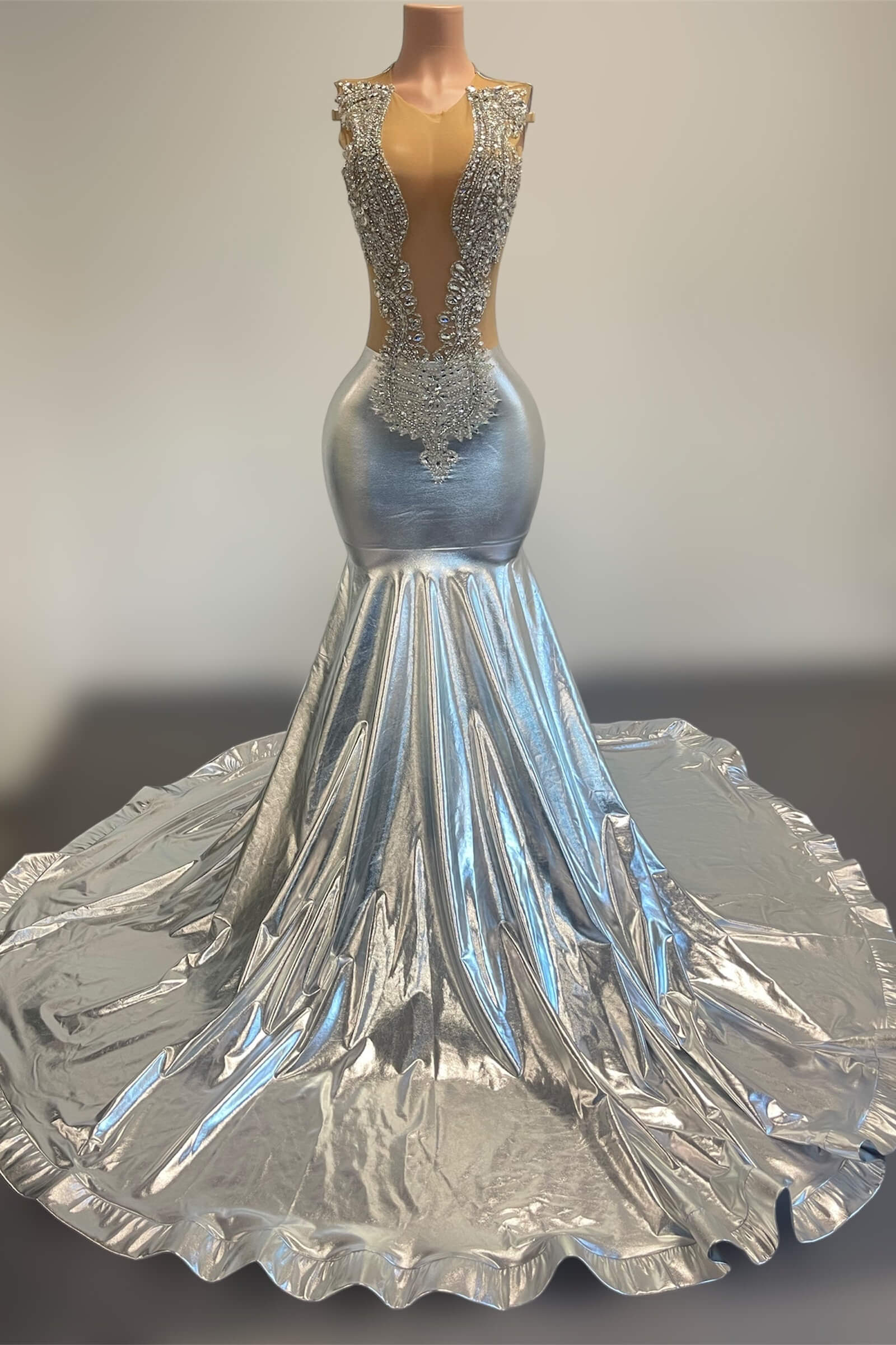 Luluslly Silver Scoop Sleeveless Mermaid Evening Gown With Beadings Crystals On Sale