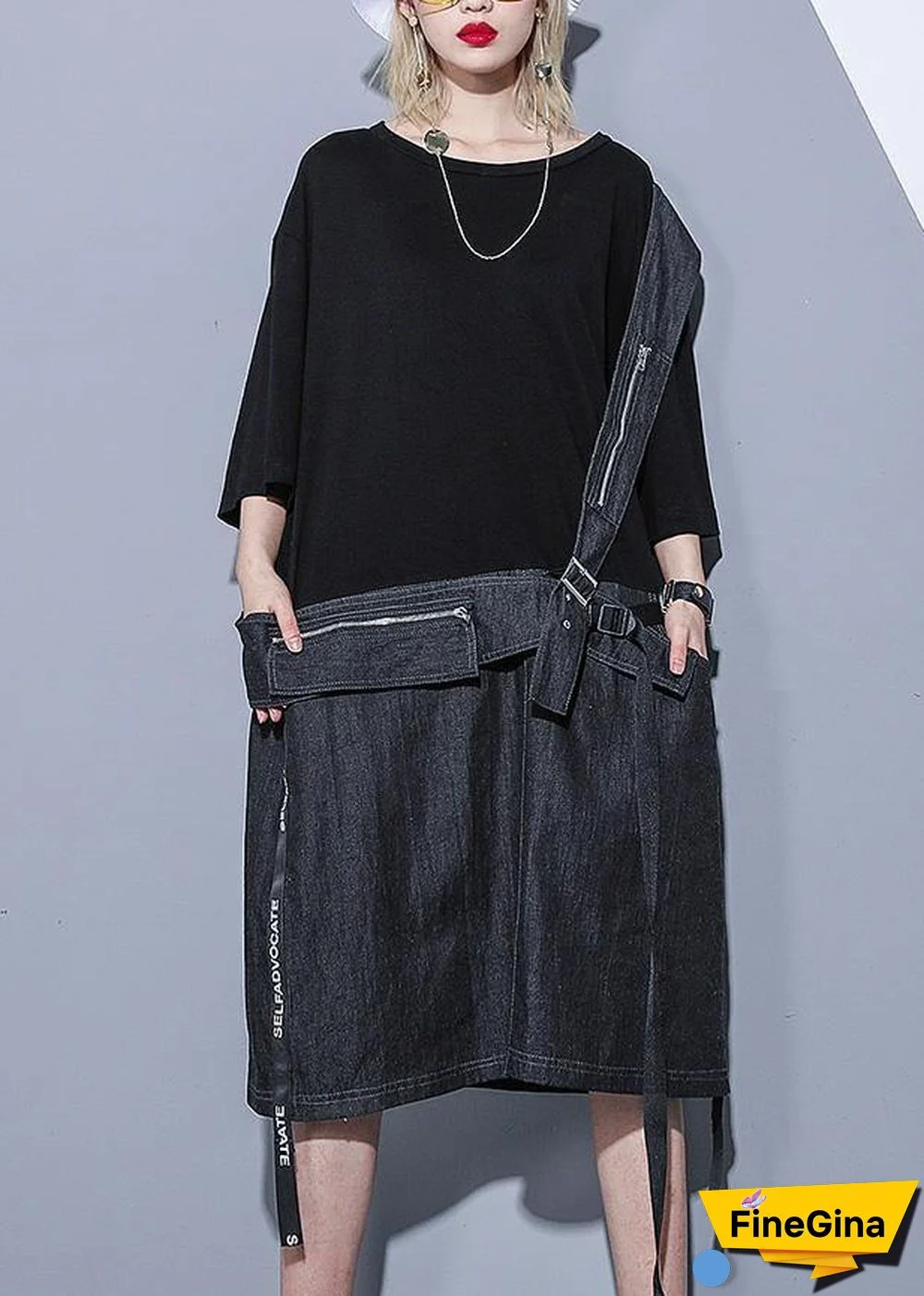 DIY black Cotton dresses o neck zippered oversized summer stylish Dress