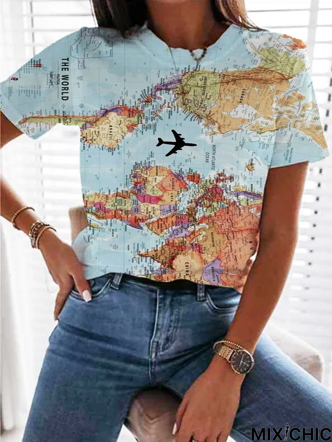 Map of World Printed Short Sleeve Shift Casual T-shirt