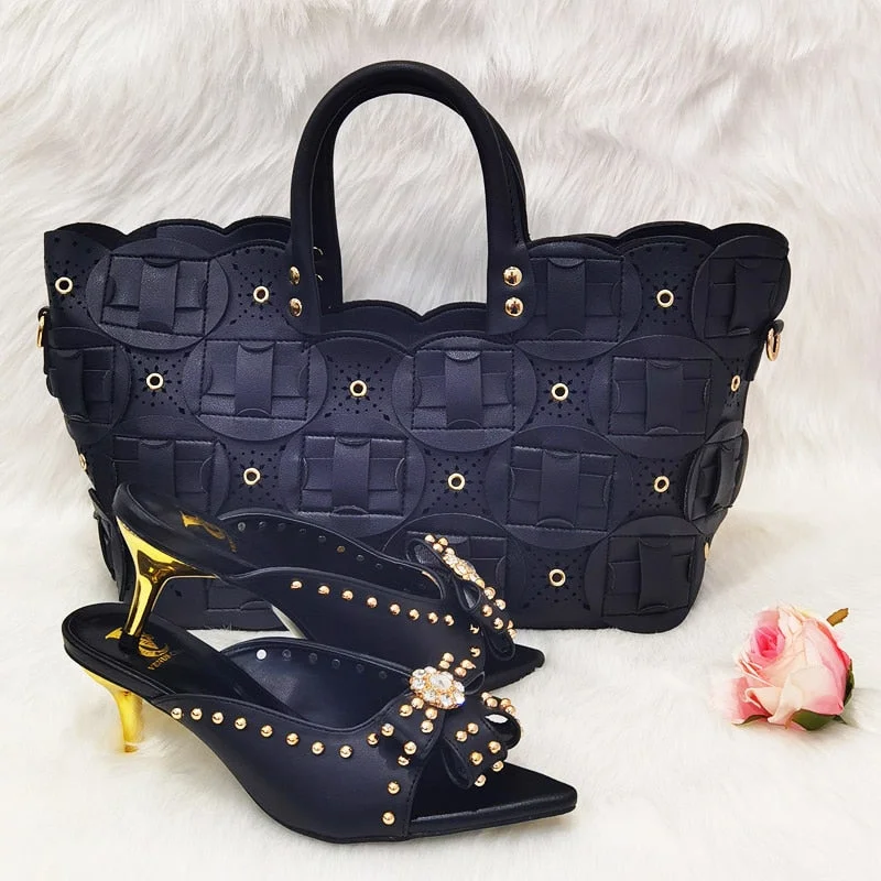 2022 Rivet Style  Women Shoes and Bag to Match in Color matching High Quality Nigerian Design Matching Shoes and Bag