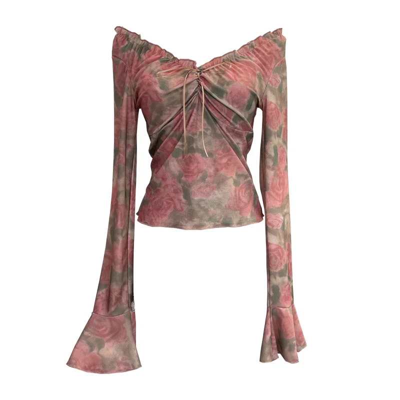 Uveng Vintage Print V-Neck Horn Sleeve Top Wooden Ear Lace With Short-Sleeved Long-Sleeved T-Shirt 9906