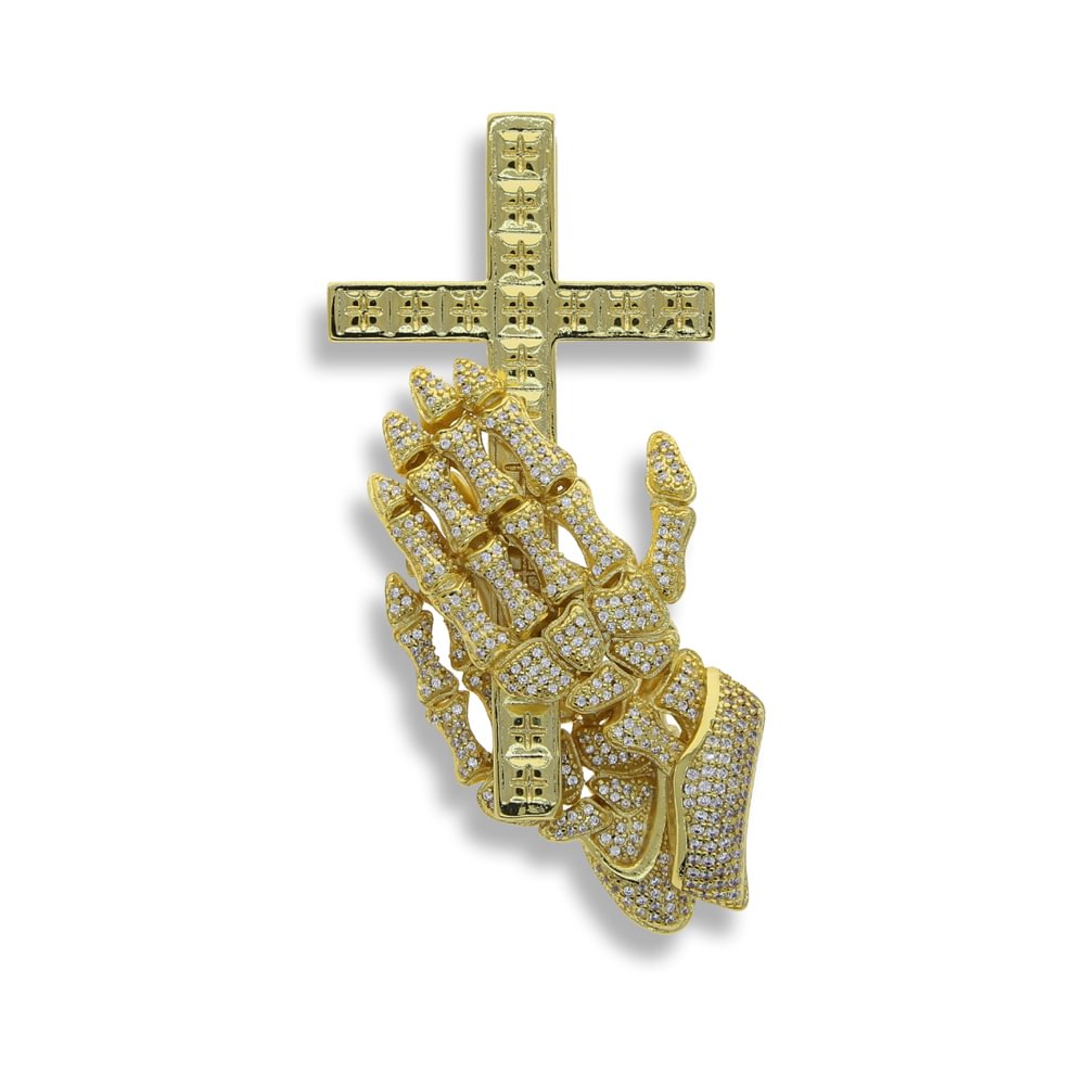 Iced Out Zircon Praying Skeleton Hands Cross Pendants Necklaces Hip Hop Jewelry-VESSFUL