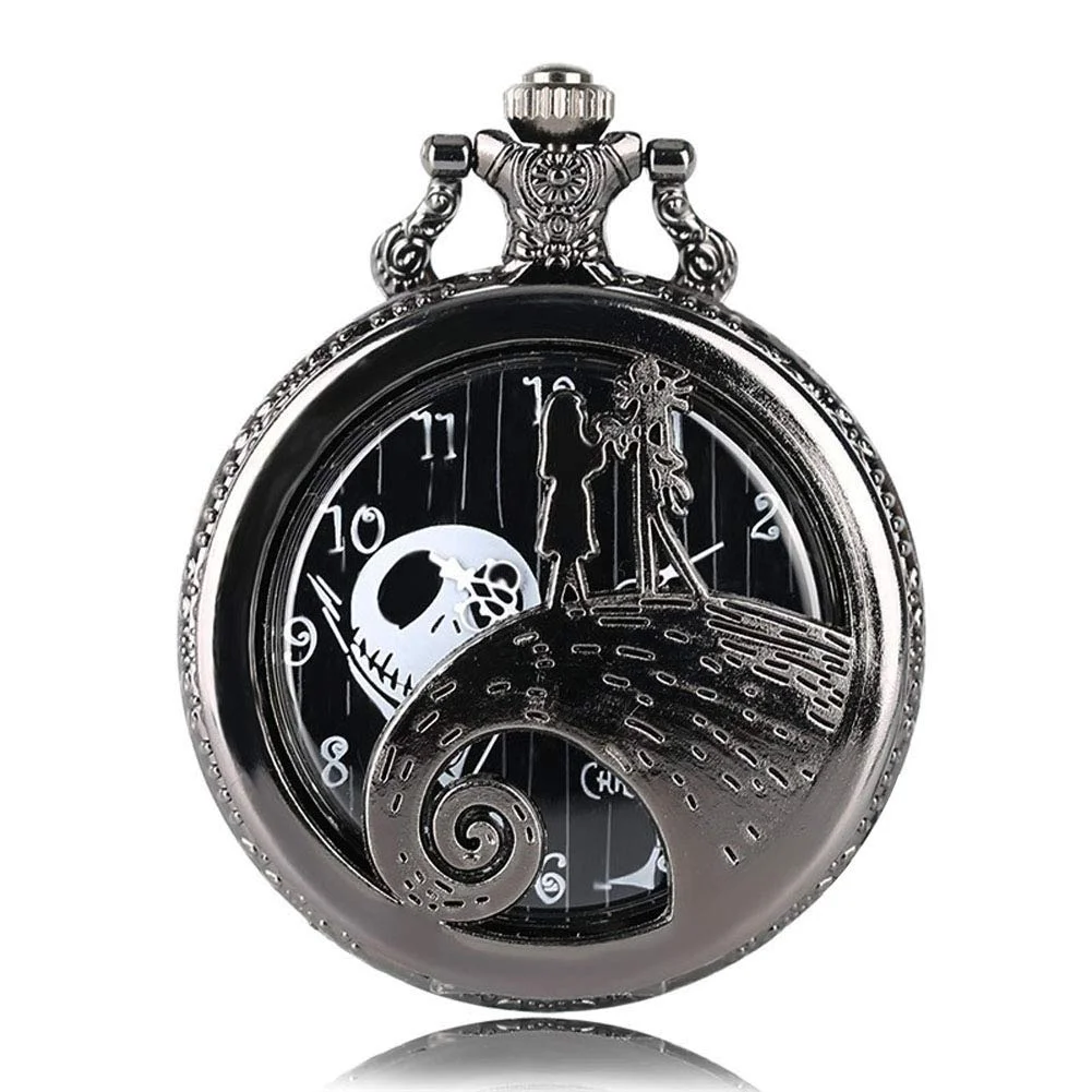 Vintage Black Nightmare Before Christmas Quartz Pocket Watch with Chain, Men Women Pocket Watch with Box