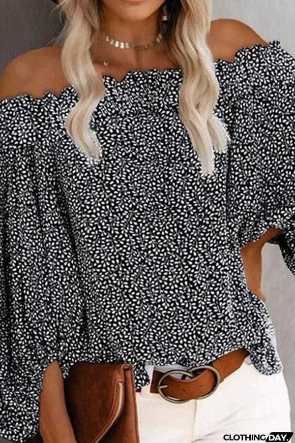 Off-The-Shoulder Balloon Sleeve Print Blouse