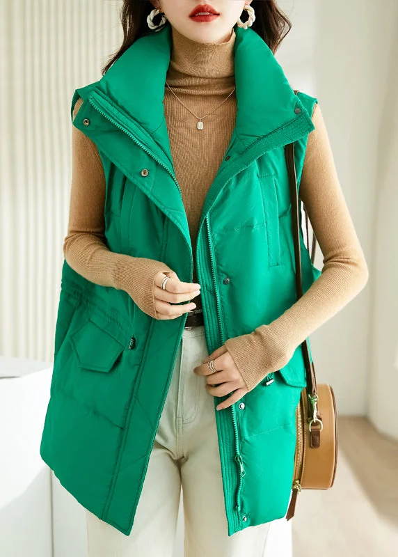 Green Button Pockets Cotton Filled Waistcoat Stand Collar Winter
