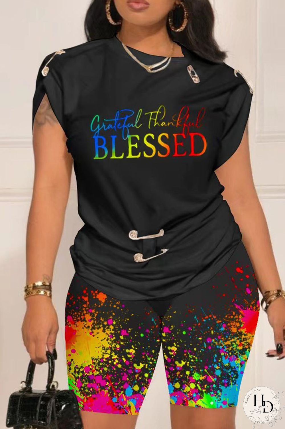 Dark Blue Casual Street Print Patchwork O Neck Short Sleeve Two Pieces