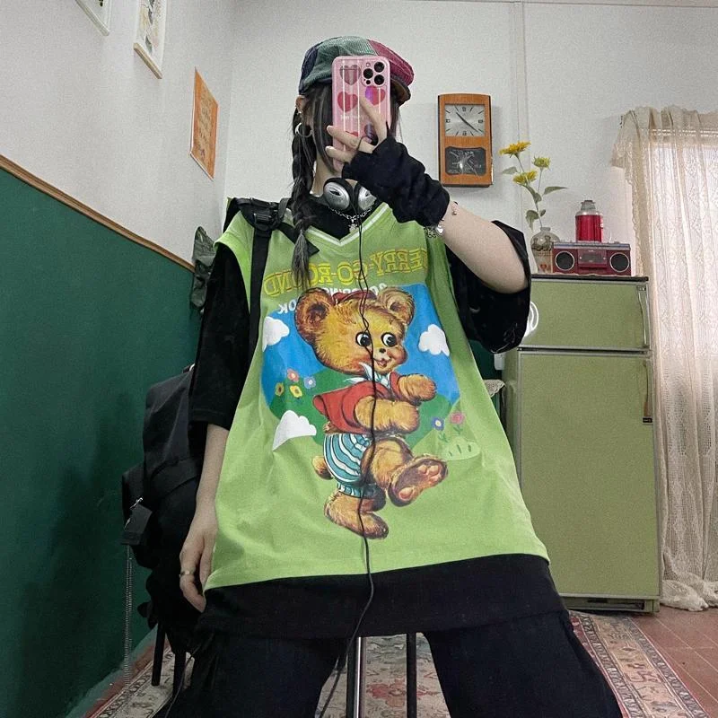 Korean Fashion Fake Two-piece Bear Printed T-shirt TK037